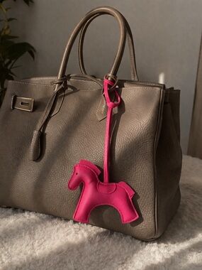 Gray Leather Tote with Pink Horse Charm
